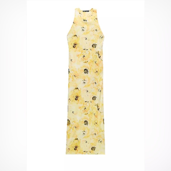 ZARA | Yellow Floral Meshed Lines Open Twist Back Dress - Picture 2 of 15